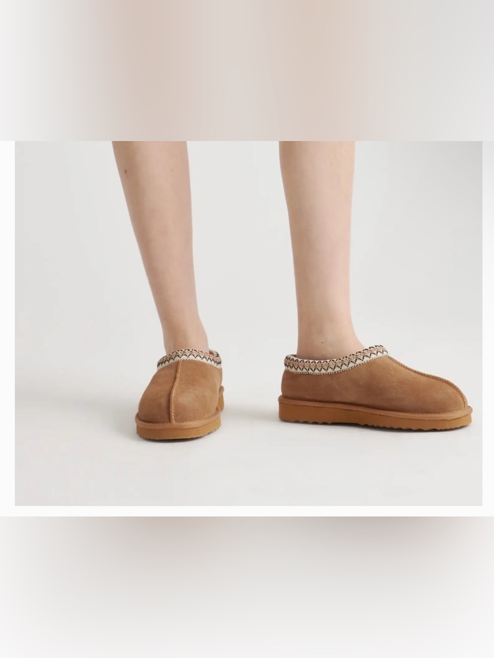 Quince Faux-Suede Shearling-Lined Slip-On Slippers in Tan and Cream - Picture 4 of 5